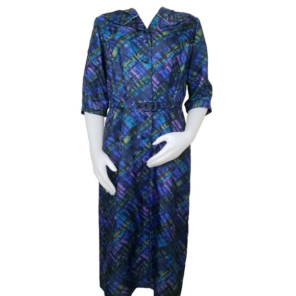 Vintage Wiggle Dress Sz 16 Belted Pin Up Brutalist Peacock Blue Jeweled Collar - Picture 1 of 16